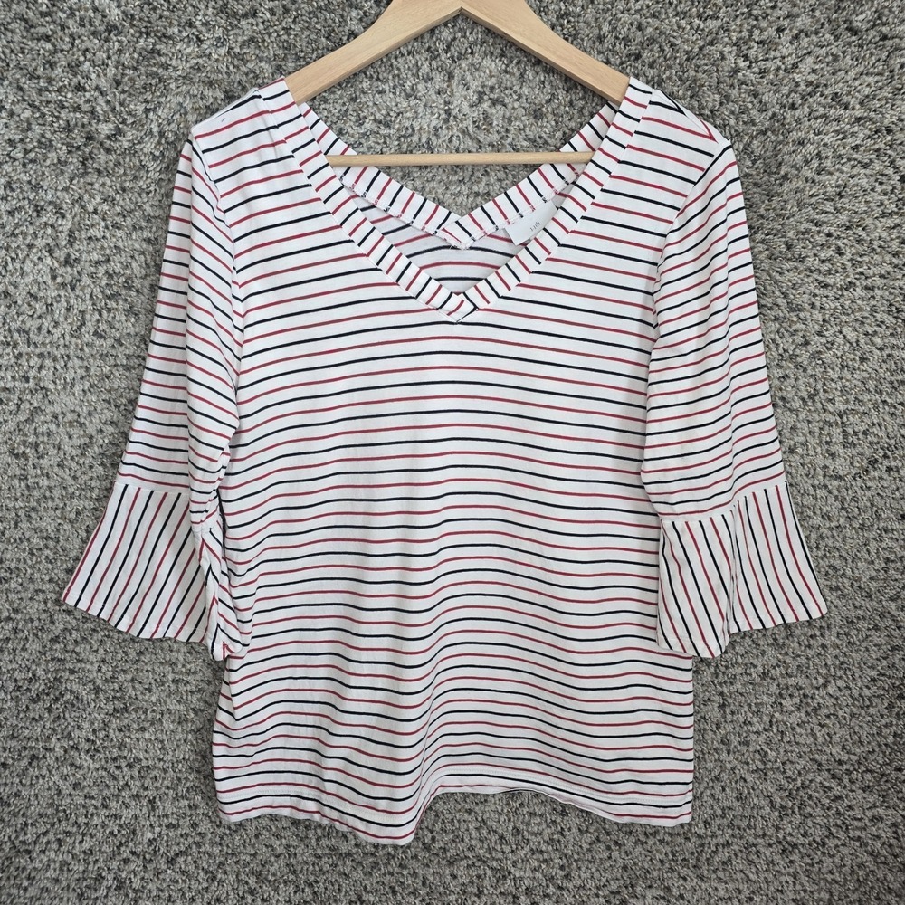 J Jill Top Womens MP Petite Medium Red Striped Double V Neck Bell Sleeve Tee